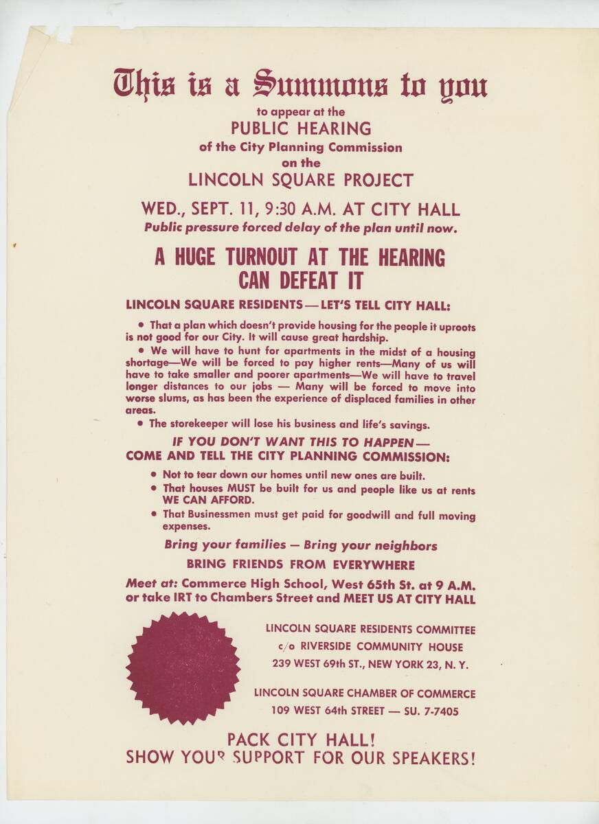 A 1957 poster announcing a public hearing on the construction of Lincoln Center.